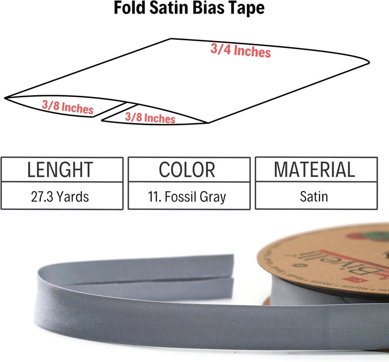 Biyelli Fold Satin Bias Tape - 99+ Colors - 3/4 Inches Wide - 27 Yards - Fold Satin Binding Bias Ribbon Fabric Piping Bias Binding Tape for Sewing Clothing DIY (11. Fossil Gray) BYS11 - Image 2